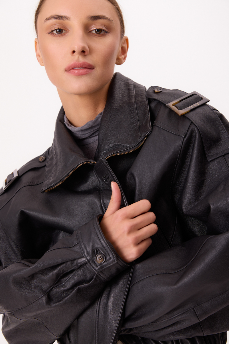 BLACK LEATHER JACKET WITH EPAULOS AND HIGH COLLAR