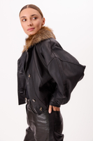 BLACK LEATHER JACKET WITH DETACHABLE FUR COLLAR