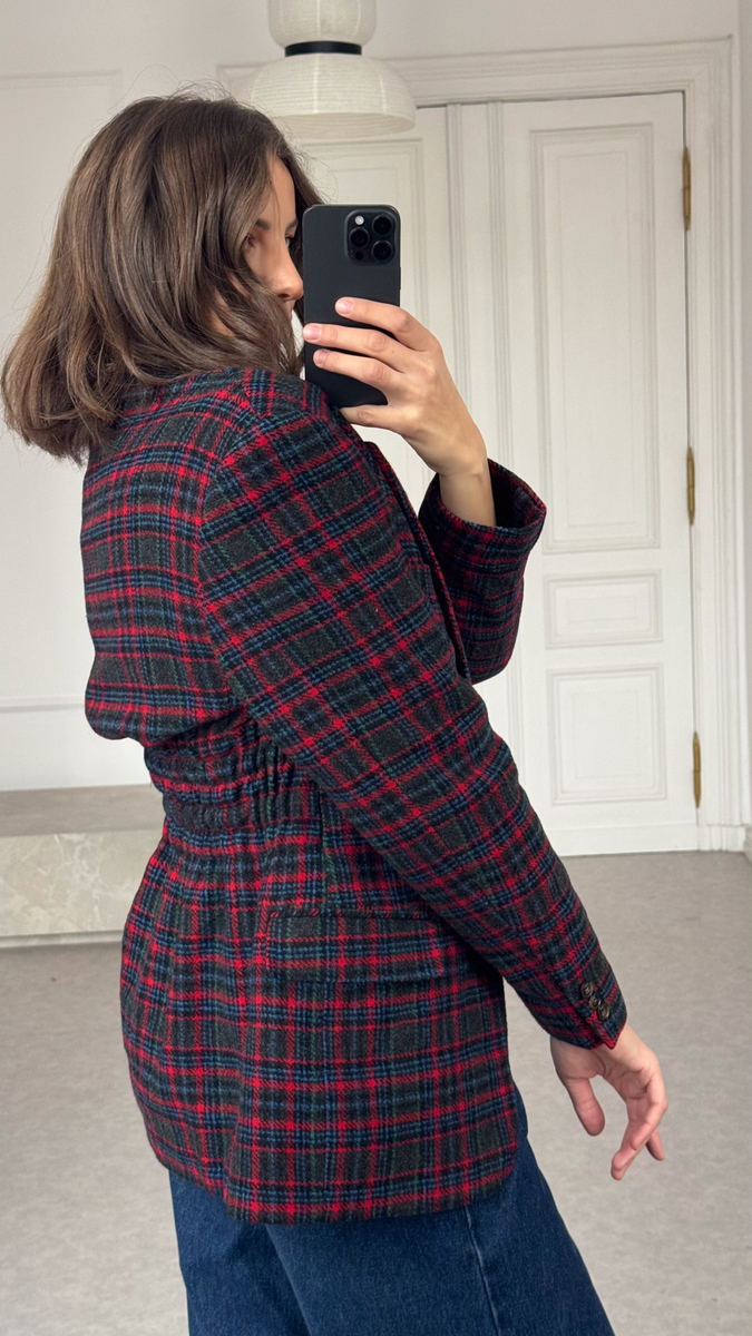 NAVY BLUE LONG SLEEVE BLAZER WITH RED GREEN AND BLUE CHECK