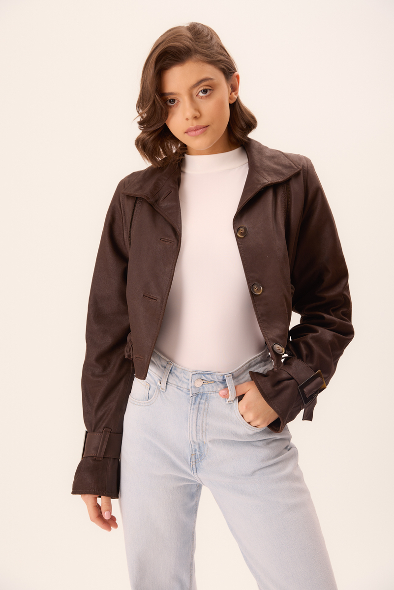 CHOCOLATE FITTED LEATHER JACKET WITH BUCKLES