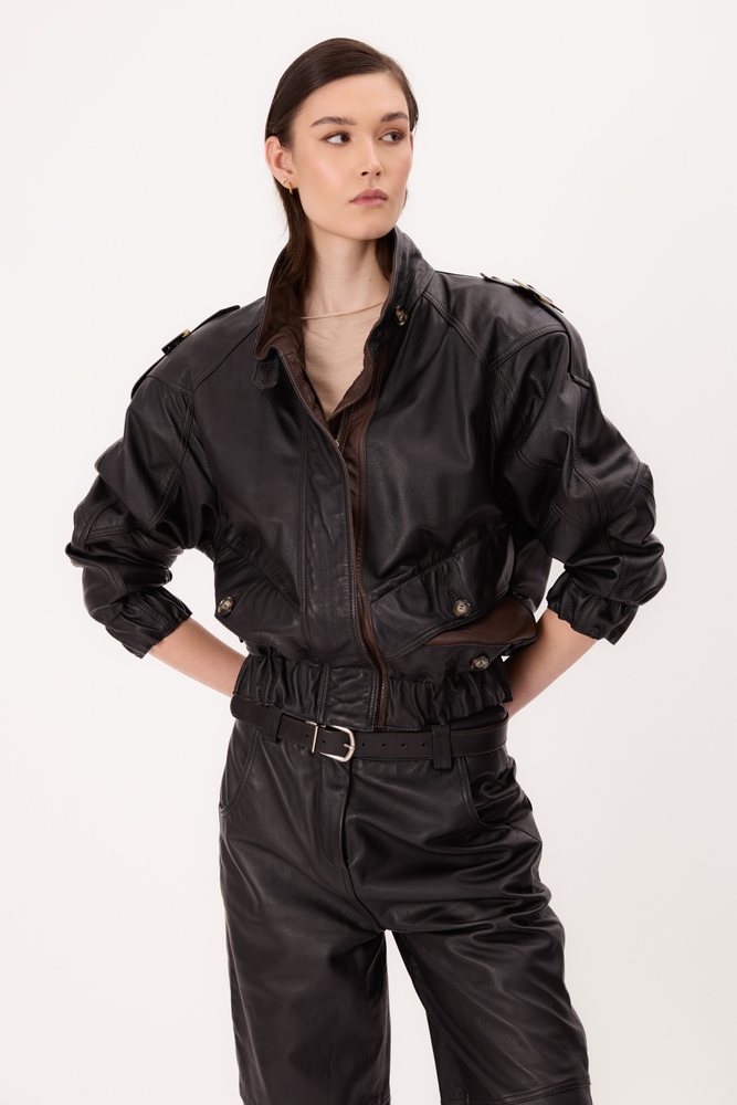 TWO-TONE BLACK AND BROWN BOMBER LEATHER JACKET