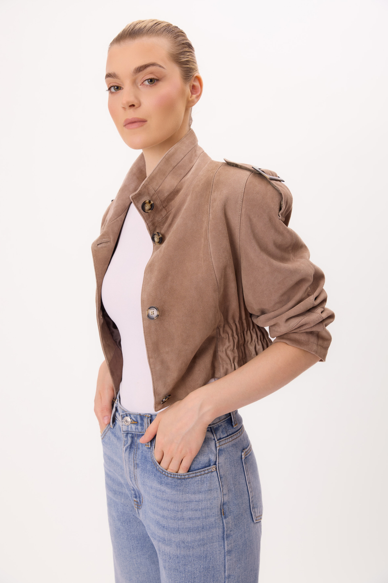 SHORT BEIGE SUEDE LEATHER BOMBER JACKET WITH EPADS