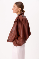 BROWN LEATHER BOMBER JACKET WITH HIGH COLLAR