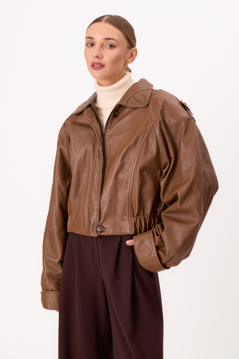 CARAMEL LEATHER BOMBER JACKET