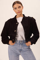 BLACK VELVET SHORT BOMBER JACKET WITH SHOULDER ELEMENTS