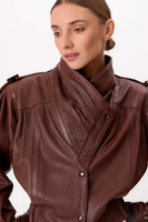 BROWN LEATHER JACKET WITH HIGH ASYMMETRICAL COLLAR