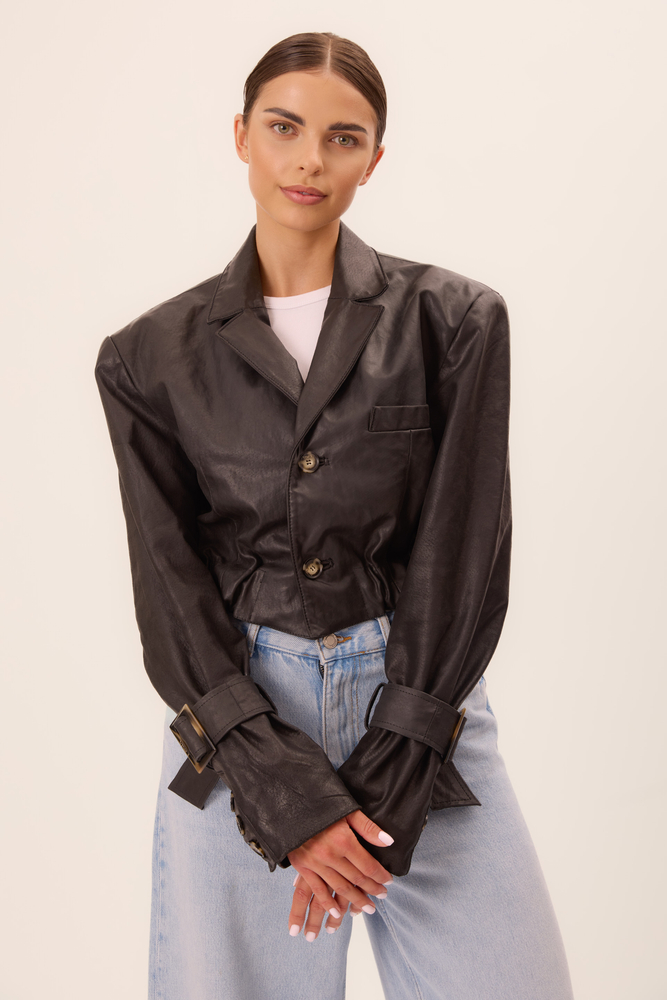 BLACK LEATHER JACKET WITH DECORATIVE BUCKLES IN CUT No5