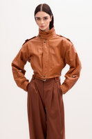 RED LEATHER BOMBER JACKET WITH HIGH COLLAR