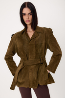 LONG GREEN SUEDE LEATHER JACKET WITH ADJUSTABLE WAIST AND BELT