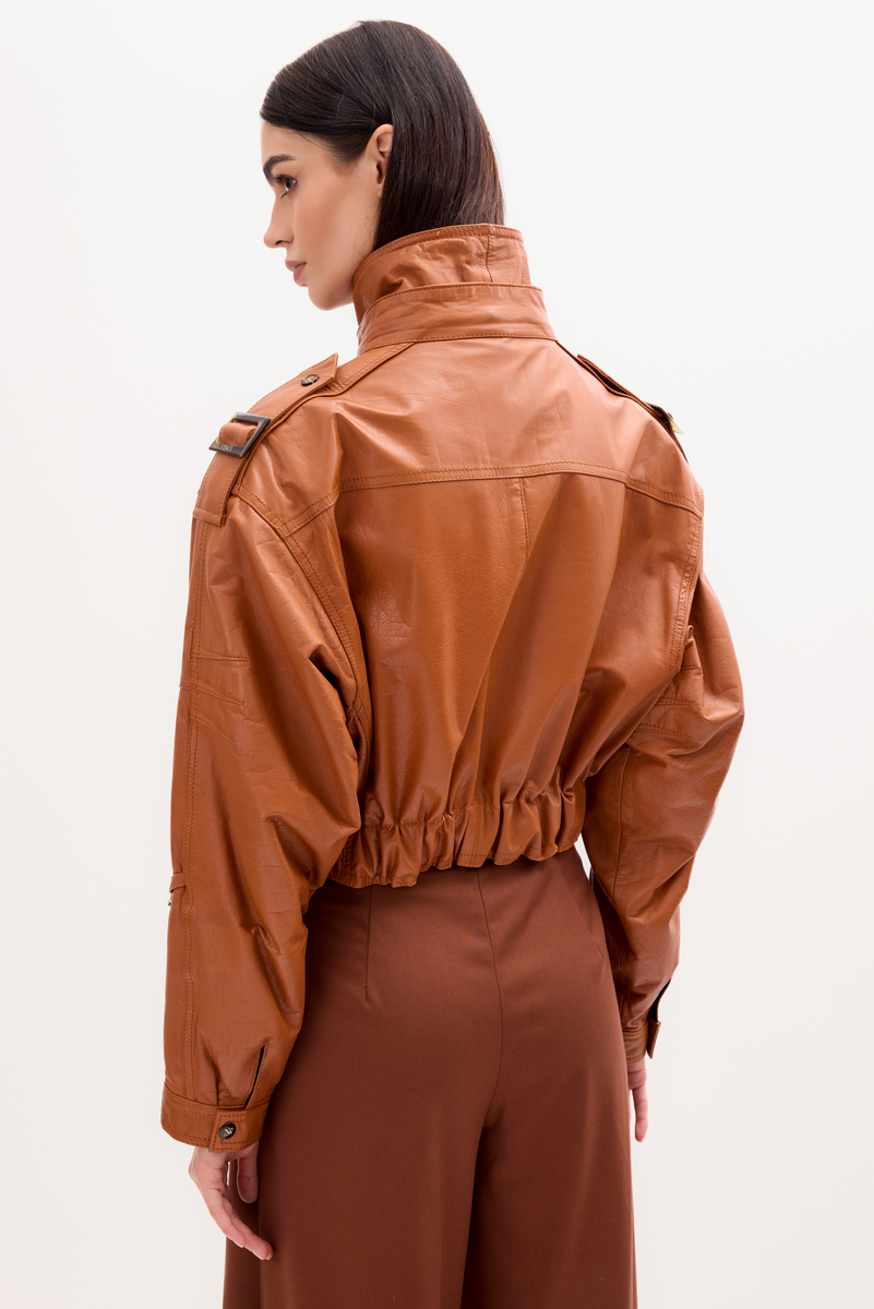 RED LEATHER BOMBER JACKET WITH HIGH COLLAR