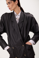 LONG BLACK PETITE LEATHER JACKET WITH STRAIGHT BACK, BUCKLES AND EPADS