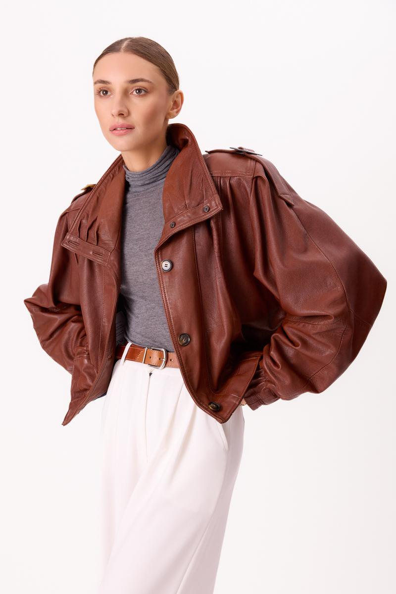 BROWN LEATHER BOMBER JACKET WITH HIGH COLLAR