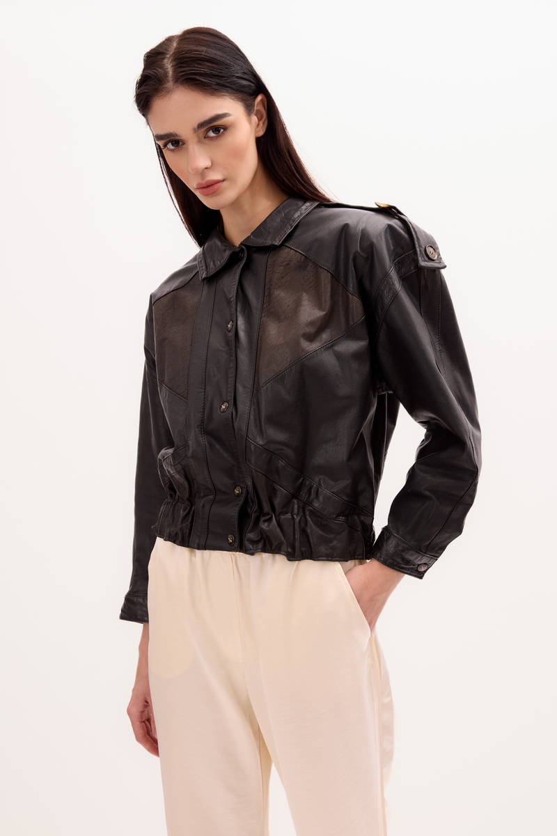 BLACK BOMBER LEATHER JACKET WITH EMBELLISHMENTS