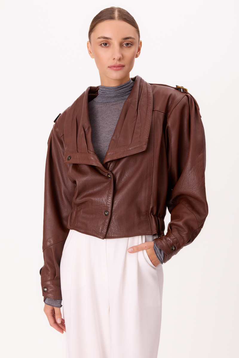 BROWN LEATHER JACKET WITH HIGH ASYMMETRICAL COLLAR