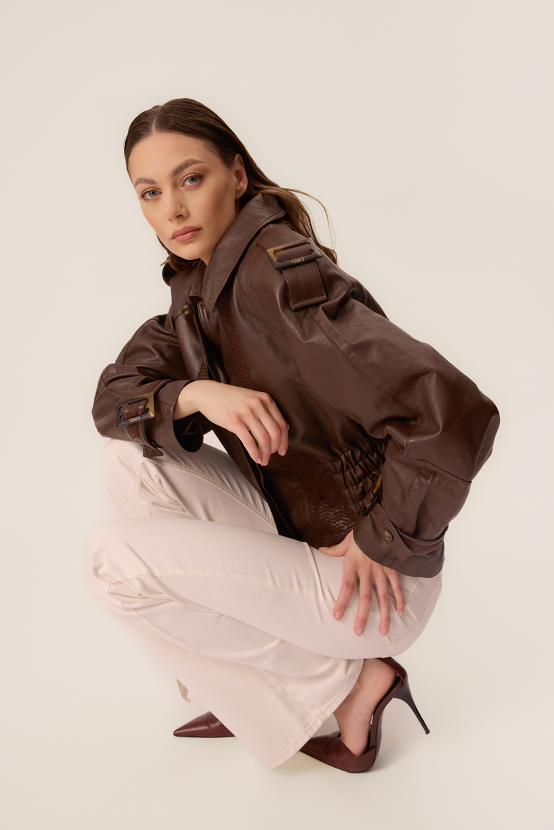 BROWN FITTED LEATHER JACKET WITH EPADS AND DECORATIVE INSERTS
