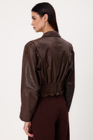 SHORT CHOCOLATE LEATHER ADJUSTABLE WAIST PETITE BIKER JACKET