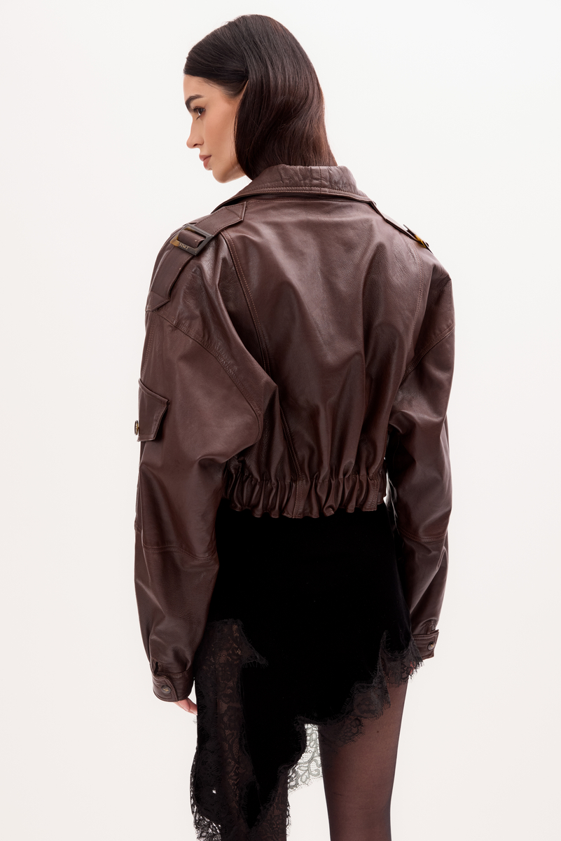 CHOCOLATE LEATHER JACKET WITH SHOULDER STRAPS