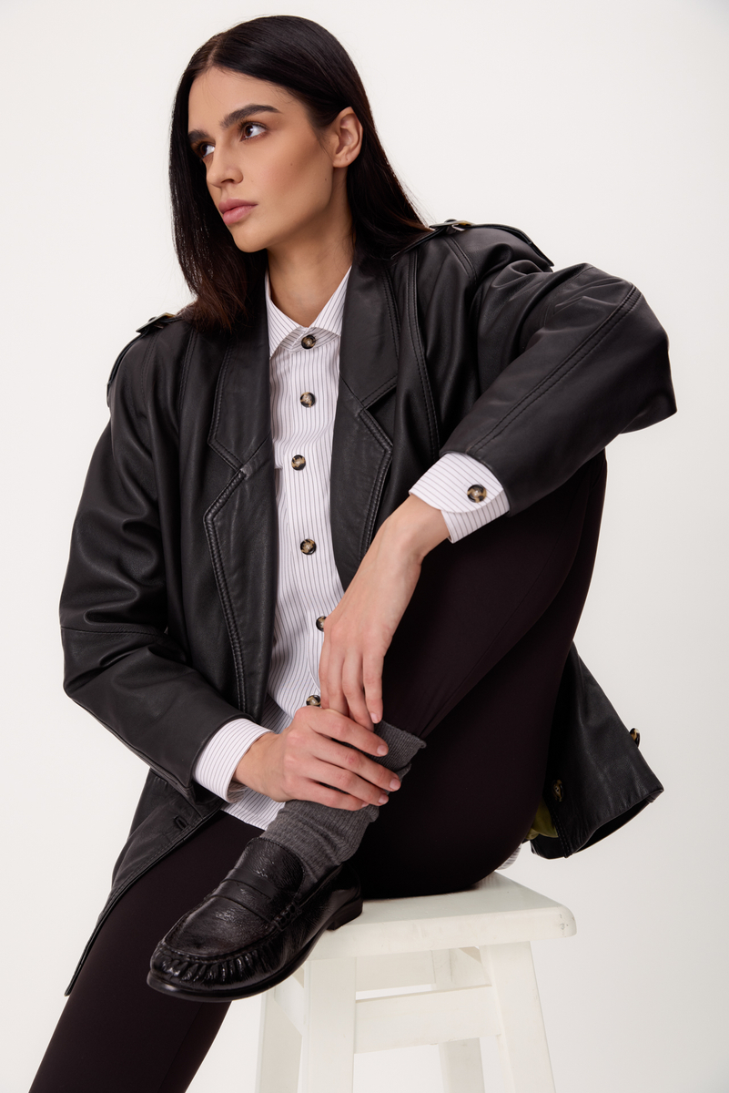 LONG BLACK PETITE LEATHER JACKET WITH STRAIGHT BACK, BUCKLES AND EPADS