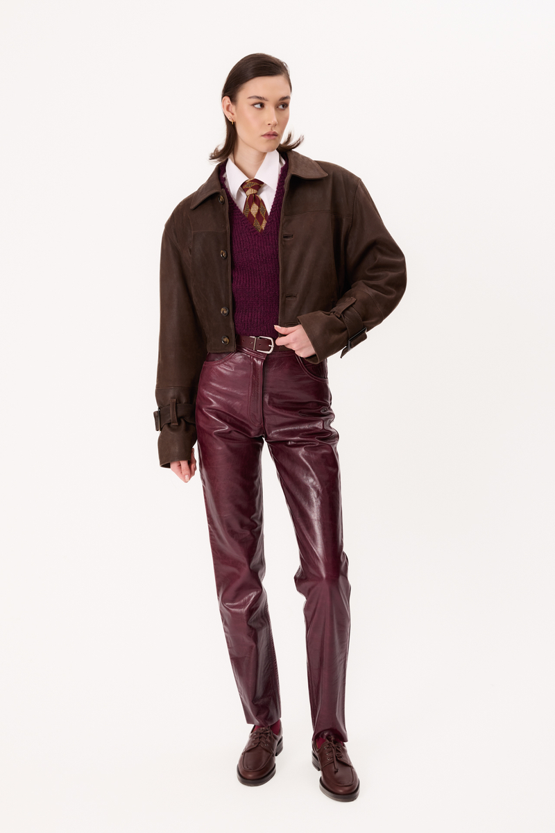 BRĄZOWA ZAMSZOWA KURTKA SKÓRZANA Z KLAMRAMI