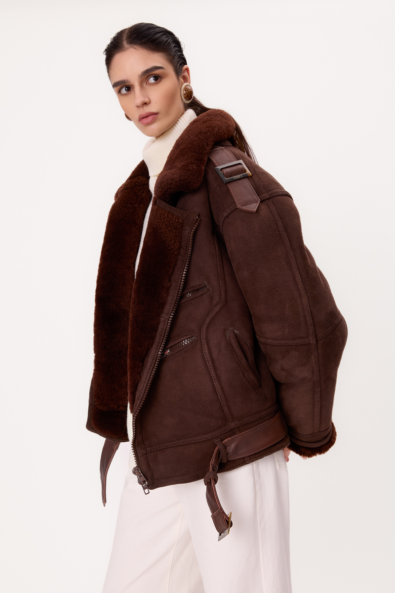 CHOCOLATE NATURAL SHEEPSKIN WITH A BELT