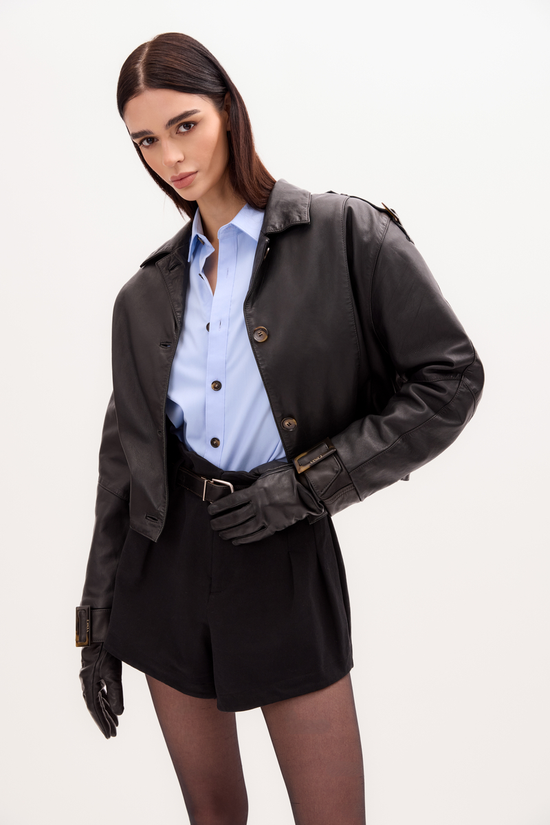 BLACK SHORT LEATHER BOMBER JACKET WITH BUCKLES