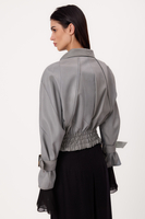 GRAY ADJUSTABLE WAIST PETITE LEATHER JACKET WITH BUCKLES
