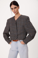 KRÓTKA PROSTA SZARA MARYNARKA PETITE W NIEBIESKĄ KRATĘ MODEL No9