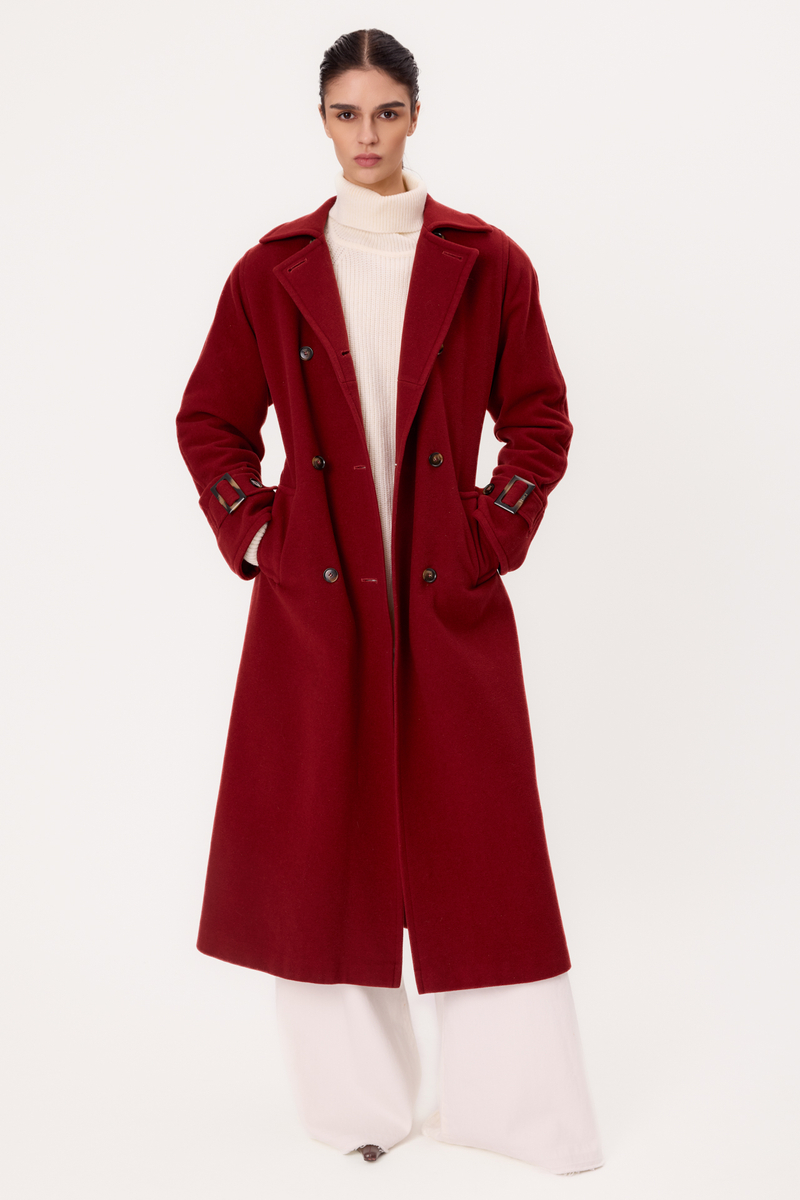 MIDI BURGUNDY WAIST ADJUSTABLE WOOL COAT WITH BUCKLES