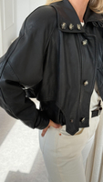 BLACK SHORT WAISTED LEATHER JACKET WITH HIGH COLLAR