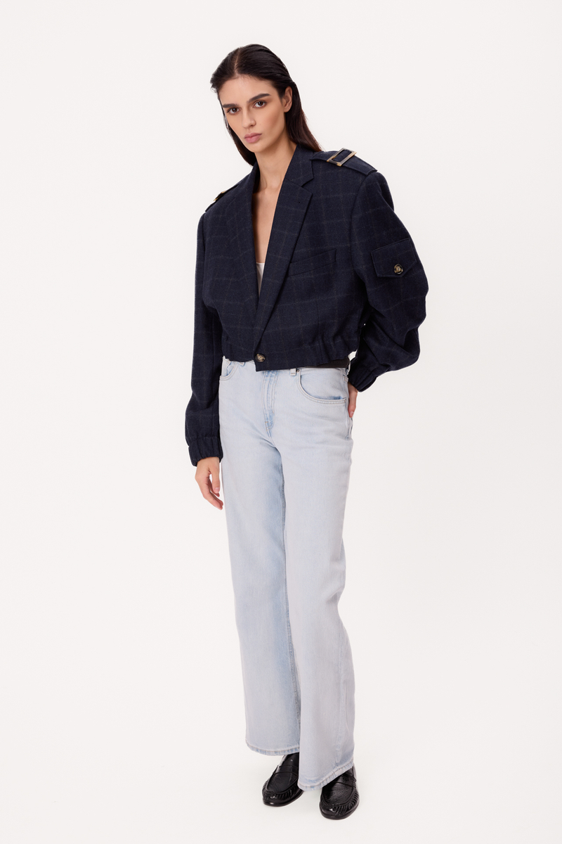 OVERSIZE NAVY BLUE REGULAR CHECKED BOMBER JACKET