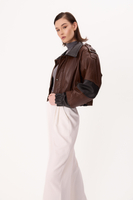 BROWN AND BLACK LEATHER BOMBER JACKET
