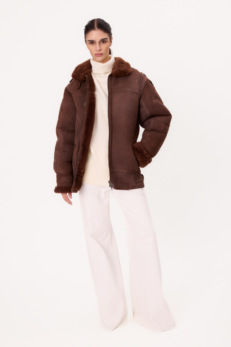 LONG BROWN NATURAL SHEEPSKIN COAT WITH A ZIPPER