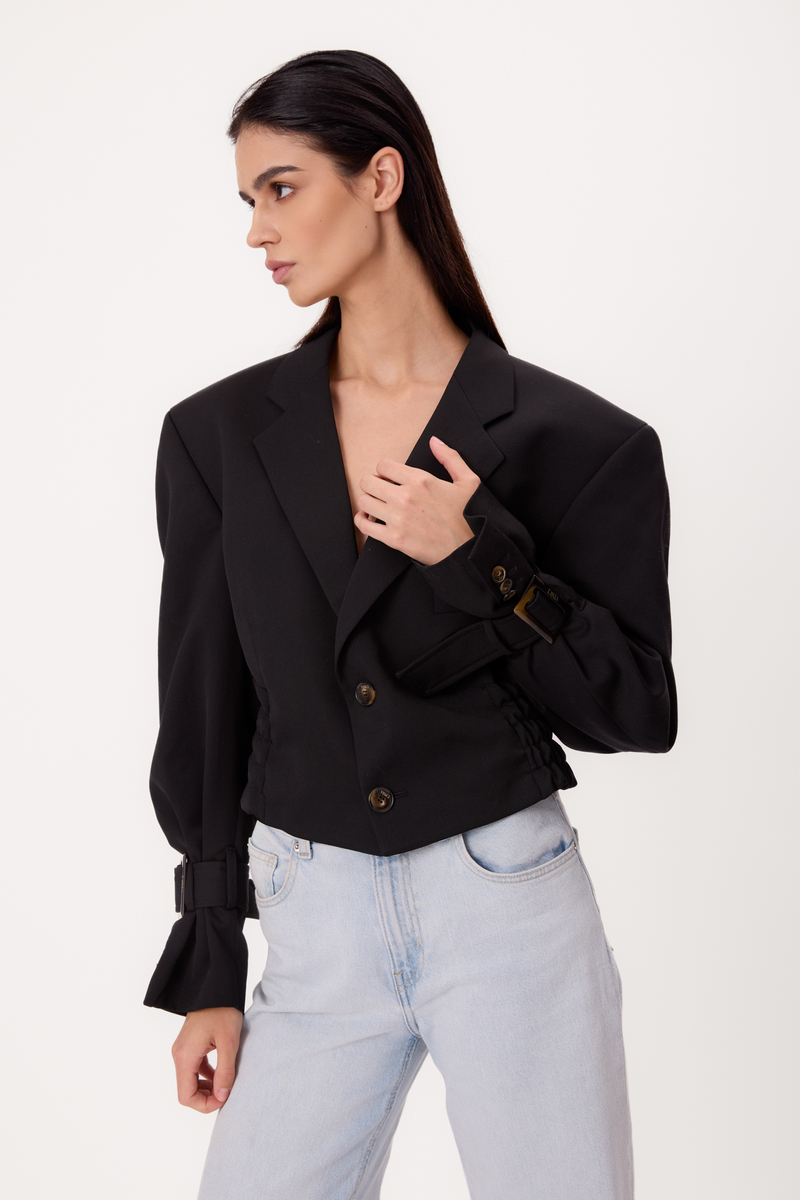 BLACK SMOOTH FITTED REGULAR JACKET WITH BUCKLES MODEL No5