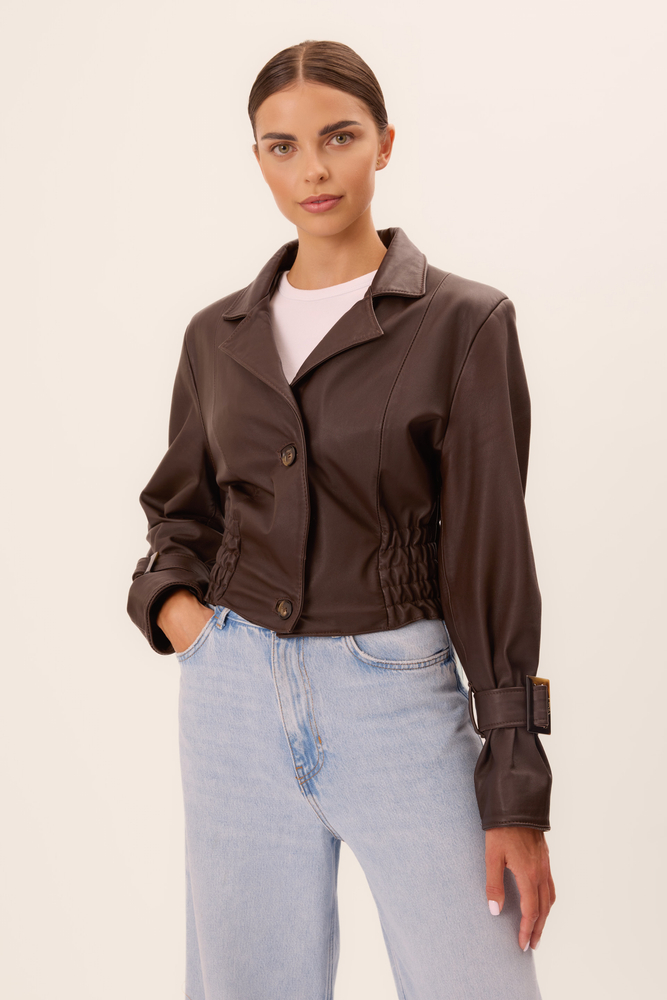 CHOCOLATE LEATHER JACKET WITH DECORATIVE BUCKLES IN CUT No5