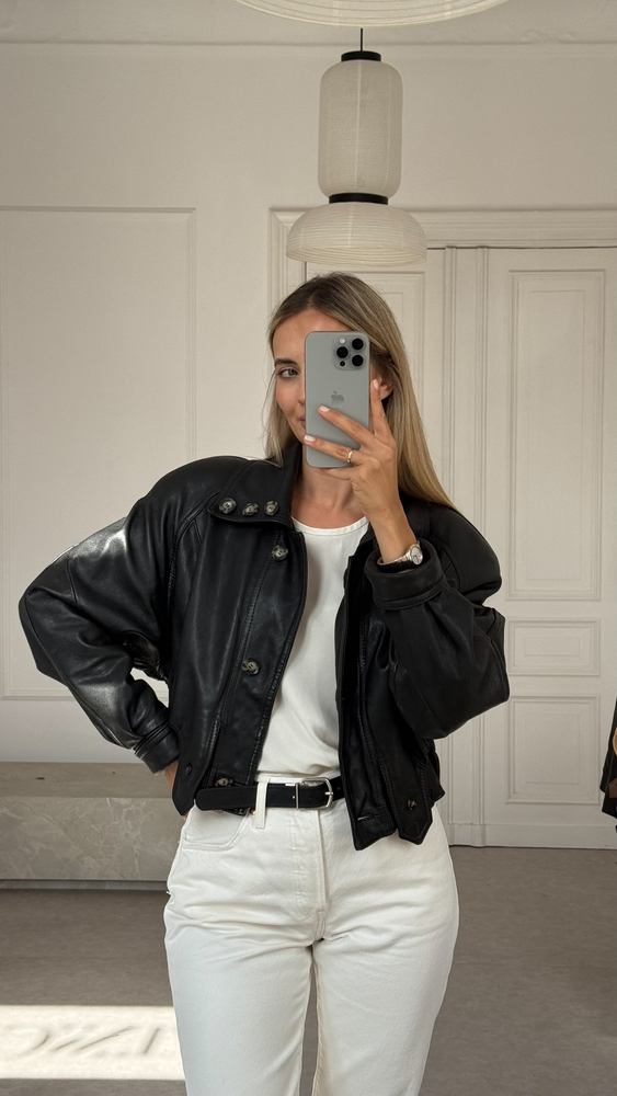 BLACK SHORT WAISTED LEATHER JACKET WITH HIGH COLLAR