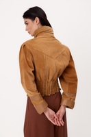 SHORT BEIGE PETITE SUEDE ADJUSTABLE WAIST LEATHER JACKET