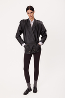 LONG BLACK PETITE LEATHER JACKET WITH STRAIGHT BACK, BUCKLES AND EPADS