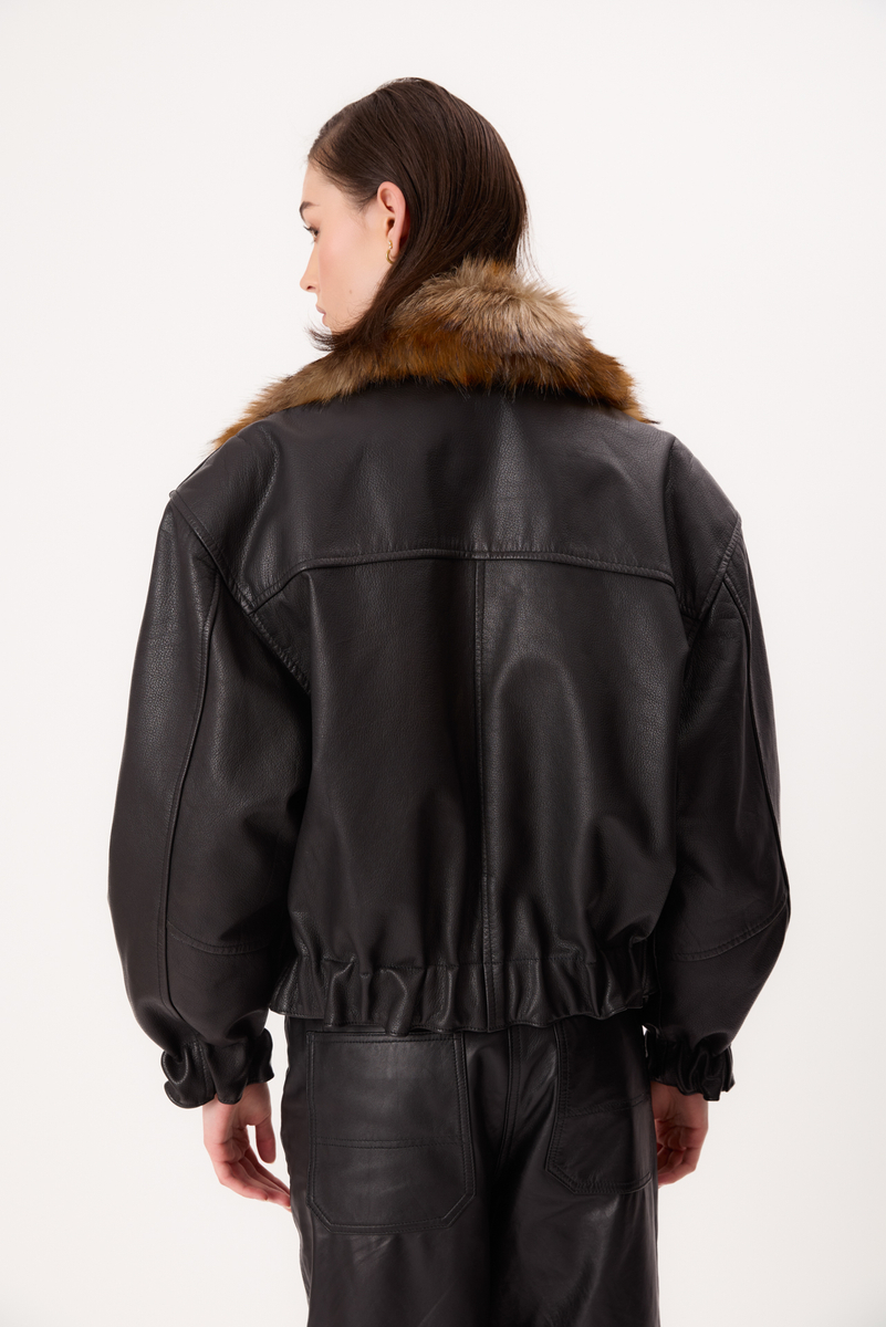 BLACK LEATHER JACKET WITH DETACHABLE FUR COLLAR