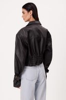 SHORT BLACK ADJUSTABLE WAIST REGULAR LEATHER JACKET WITH BUCKLES