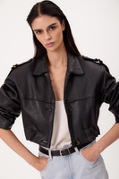 SHORT BLACK ADJUSTABLE WAIST PETITE LEATHER JACKET