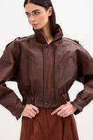 BROWN LEATHER BOMBER JACKET WITH BUTTON-UP COLLAR
