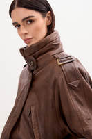 CHOCOLATE LEATHER BOMBER JACKET WITH HIGH COLLAR