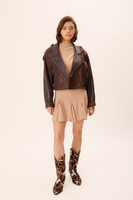 SHORT WAISTED CHOCOLATE EMBELLISHED LEATHER JACKET