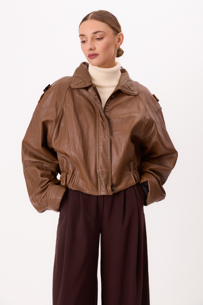 CARAMEL LEATHER BOMBER JACKET