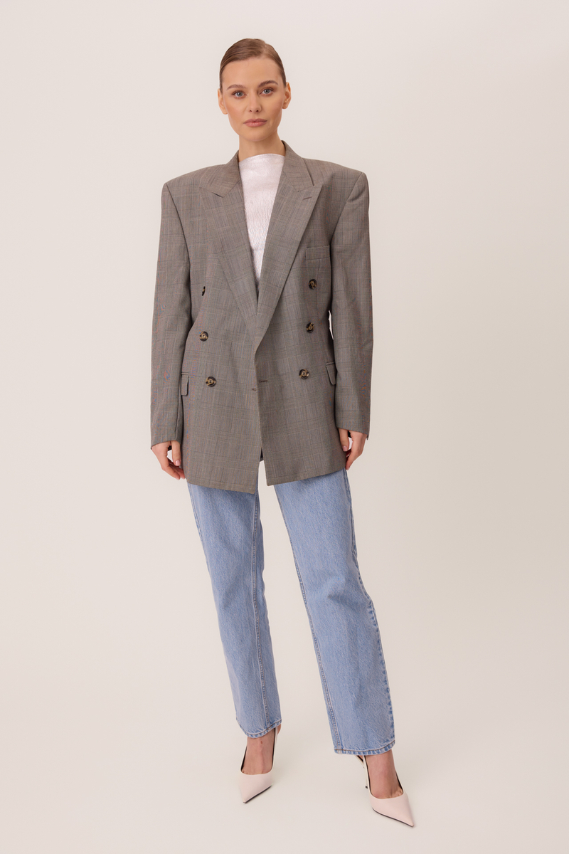 LONG GRAY DOUBLE-BREASED JACKET WITH ADJUSTABLE WAIST