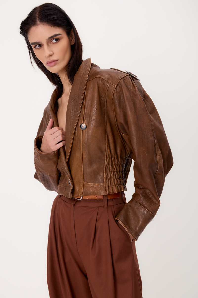 BROWN DIPPED LEATHER JACKET WITH ADJUSTABLE WAIST