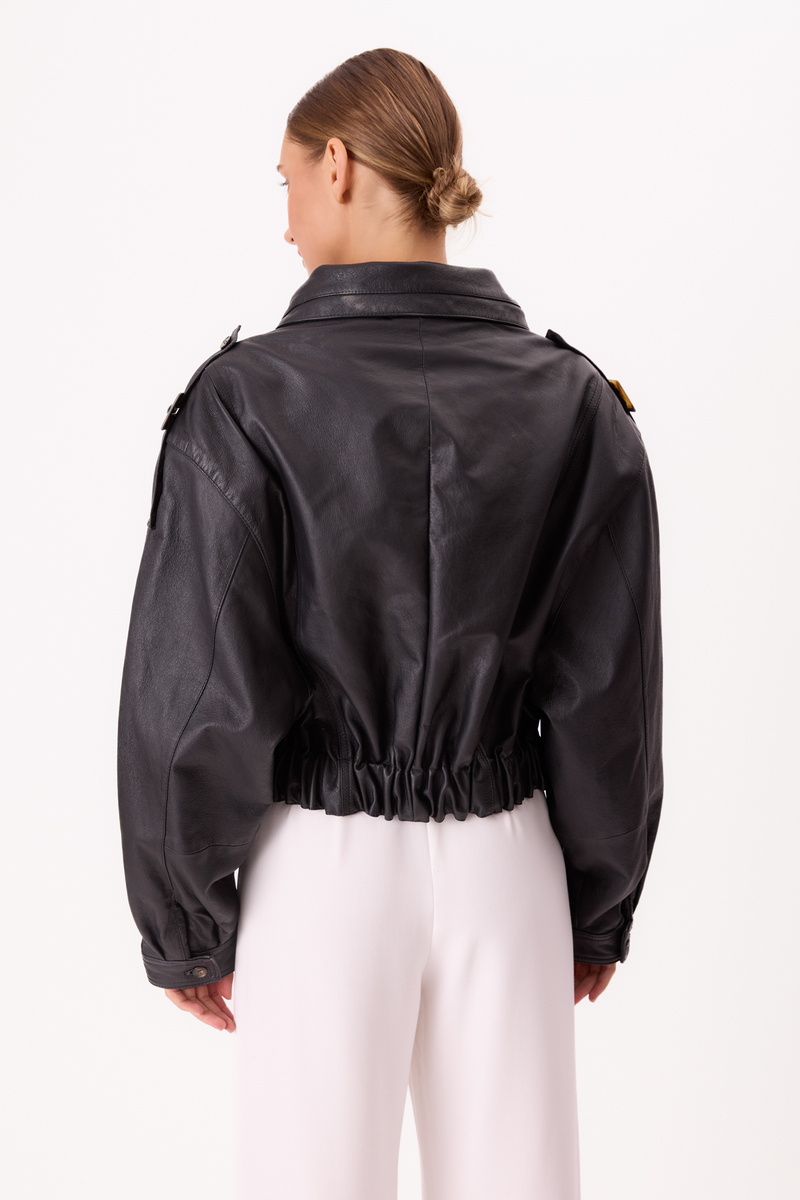 BLACK LEATHER JACKET WITH EPAULOS AND HIGH COLLAR