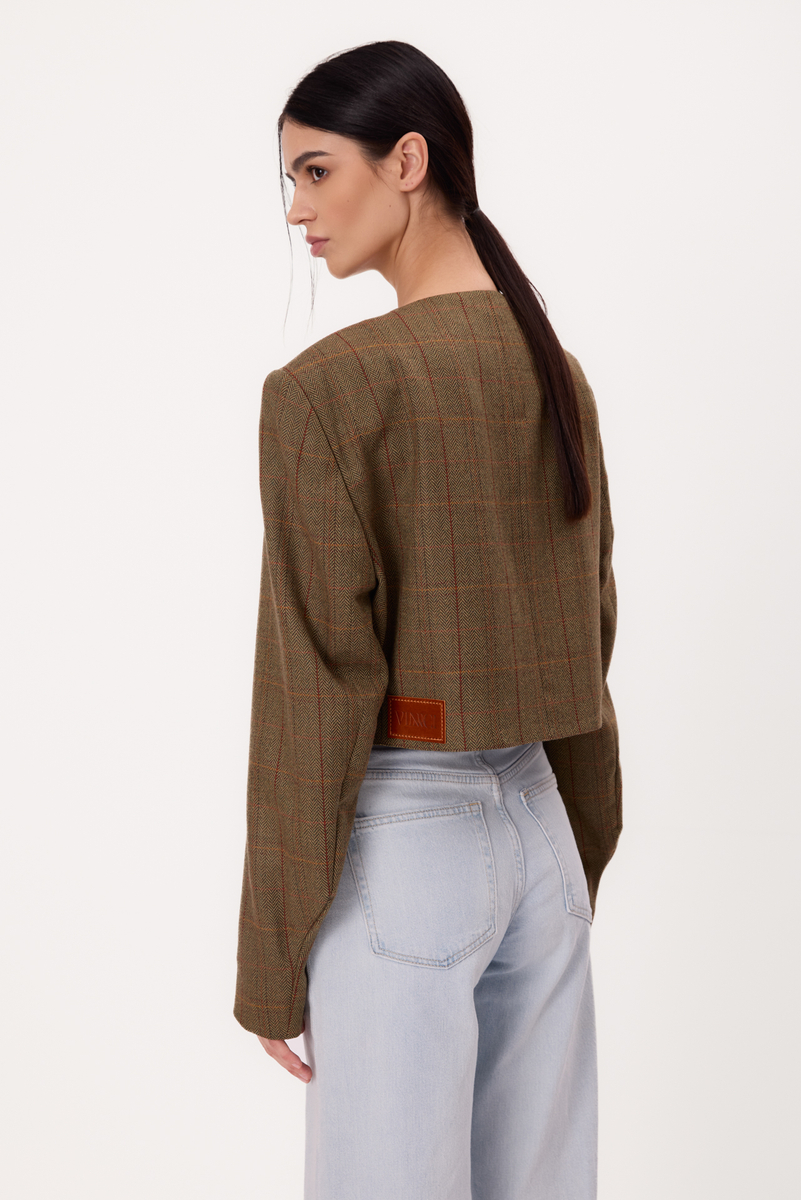 SHORT STRAIGHT GREEN TALL JACKET WITH RED AND ORANGE CHECK MODEL No9