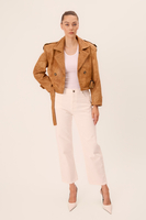 CARAMEL LEATHER JACKET WITH WAIST BELT AND DECORATIVE BUCKLES