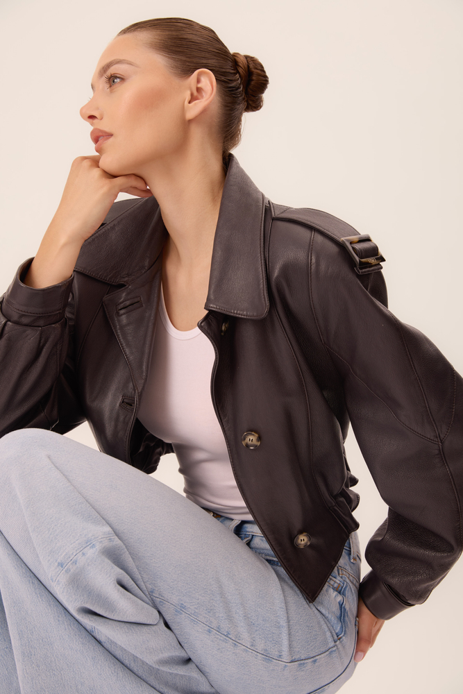 DARK GRAPHITE LEATHER JACKET WITH BUCKLES AND BUTTONS